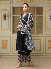Thumbnail for Pomcha Jaipur Black Saadgi Pink Lotus Black Straight Suit Set - Distacart