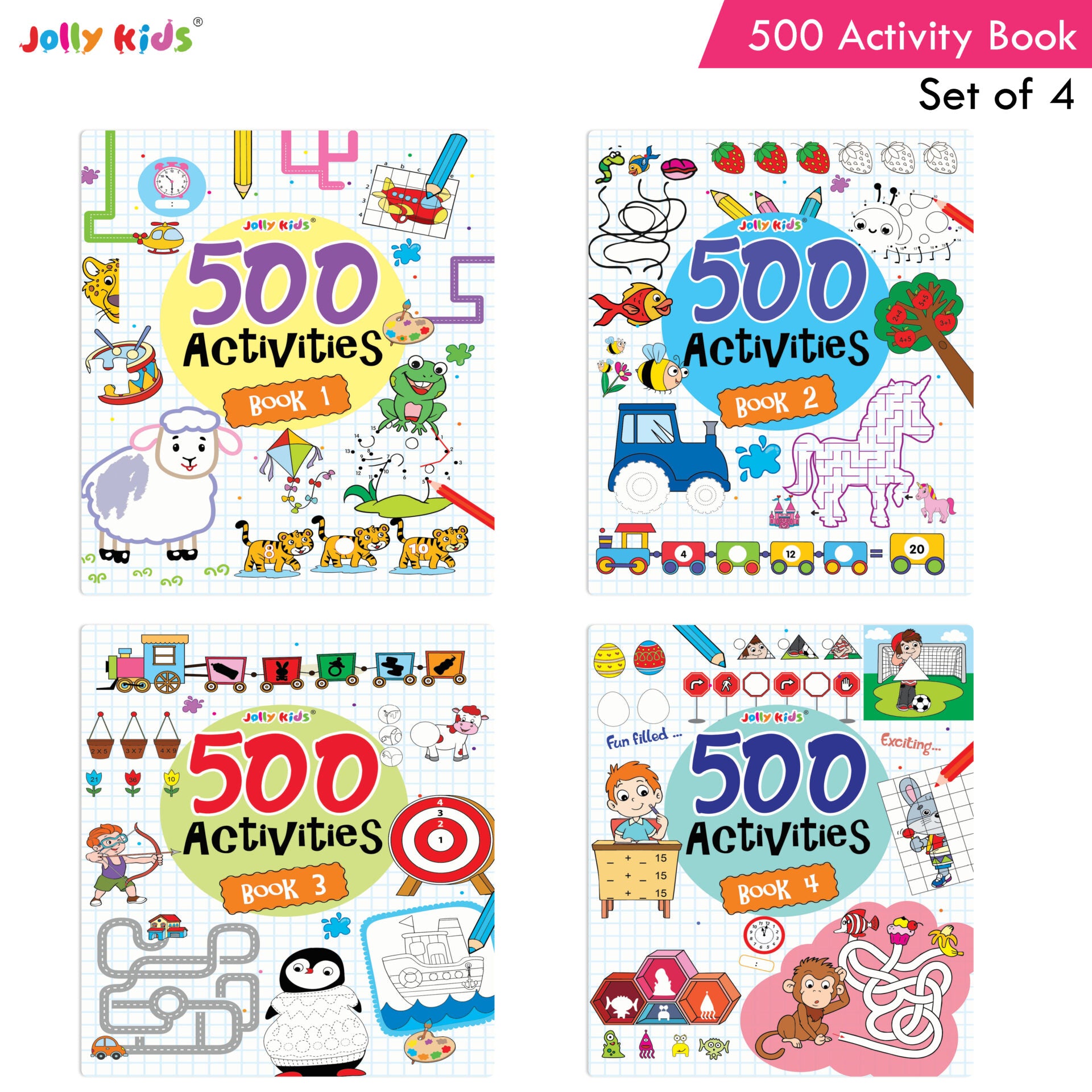 Jolly Kids Fun Learning 500 Activities Books Set of 4| Ages 3-8 years Thinking Skills Activities Learning Counting, Spelling, Solve Puzzle Activities - Distacart