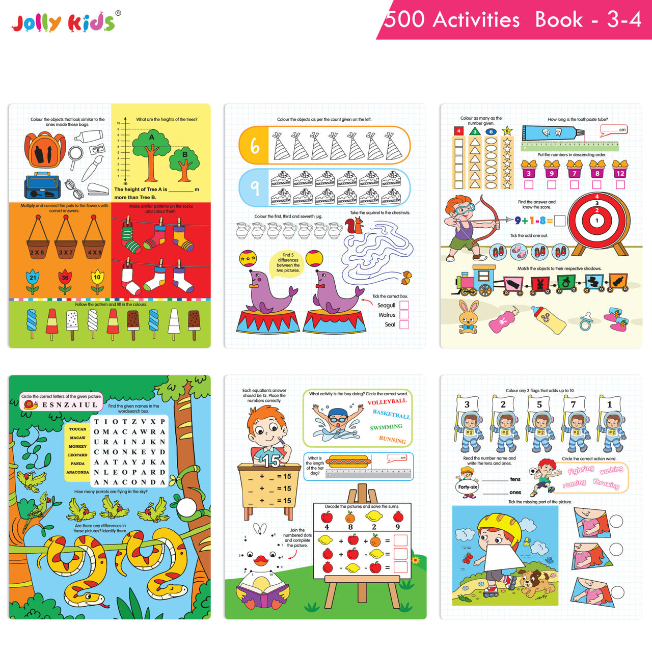 Jolly Kids Fun Learning 500 Activities Books Set of 4| Ages 3-8 years Thinking Skills Activities Learning Counting, Spelling, Solve Puzzle Activities - Distacart