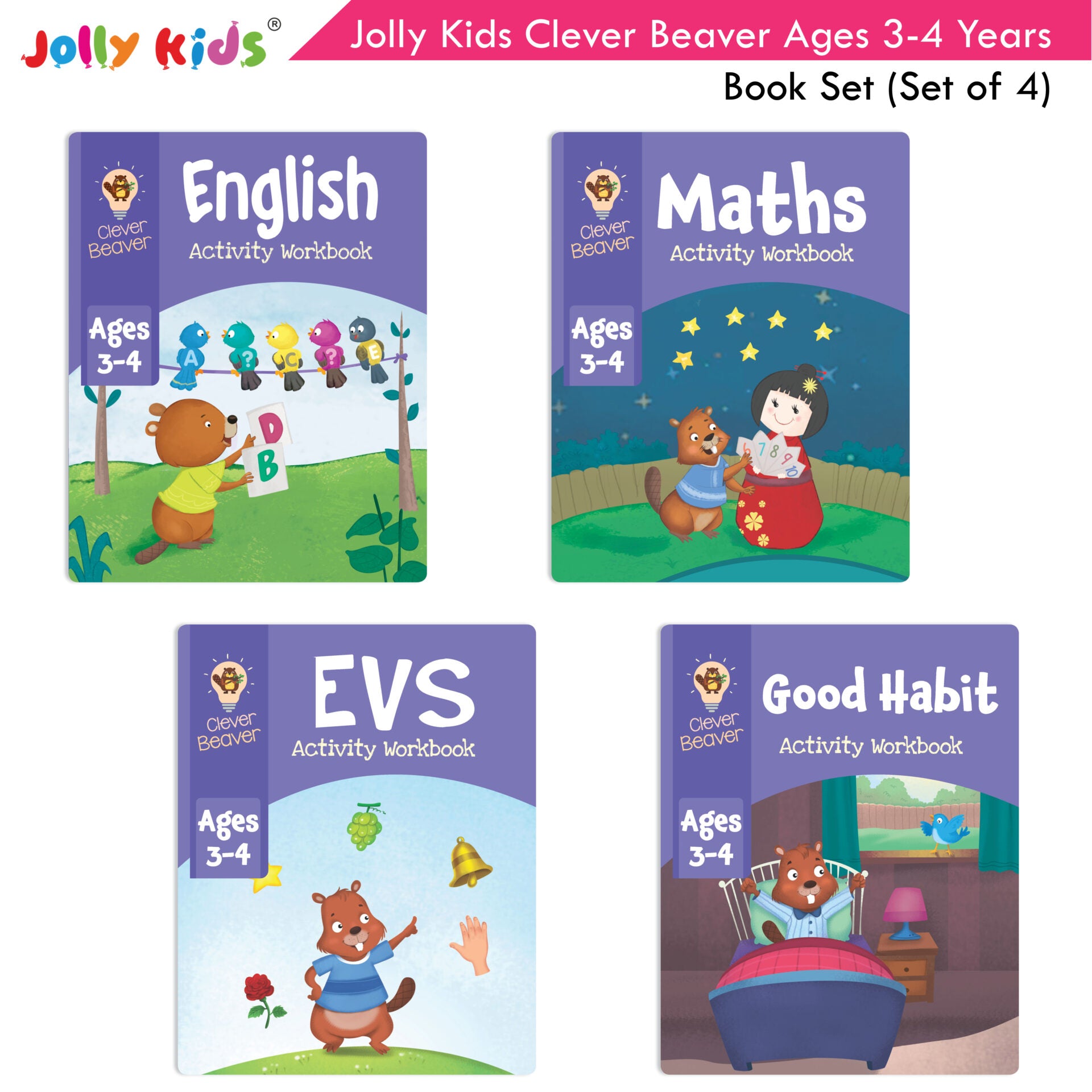 Jolly Kids Clever Beaver Ages 3-4 Years Fun Learning Workbooks Set of 4| Alphabets| Numbers| EVS| Good Habit| Workbooks for Kindergarten - Distacart
