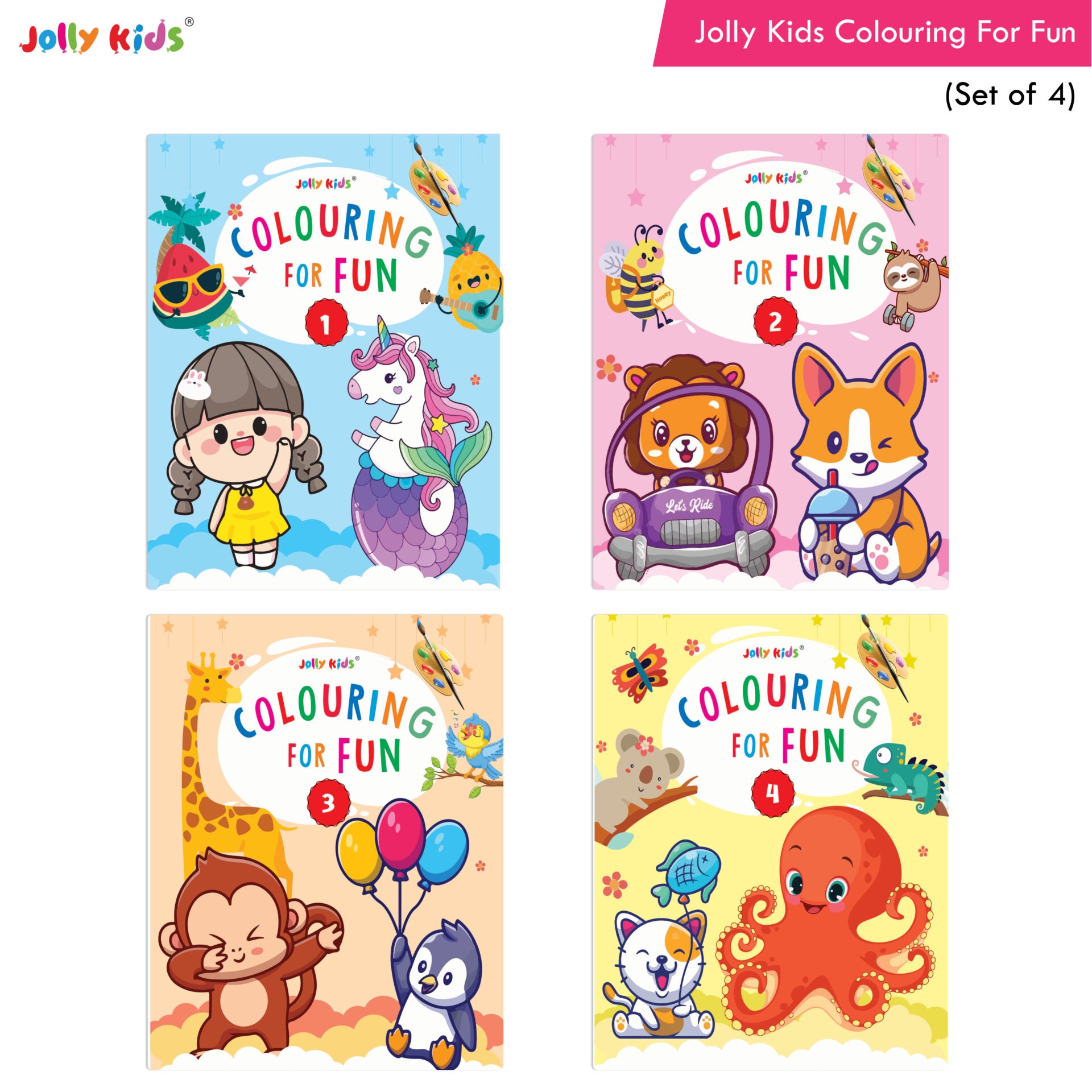 Jolly Kids Colouring for Fun Books A| Set of 4| Each Book 64 Images|Colouring & Painting Books for Kids|Ages 3-8 Year - Distacart