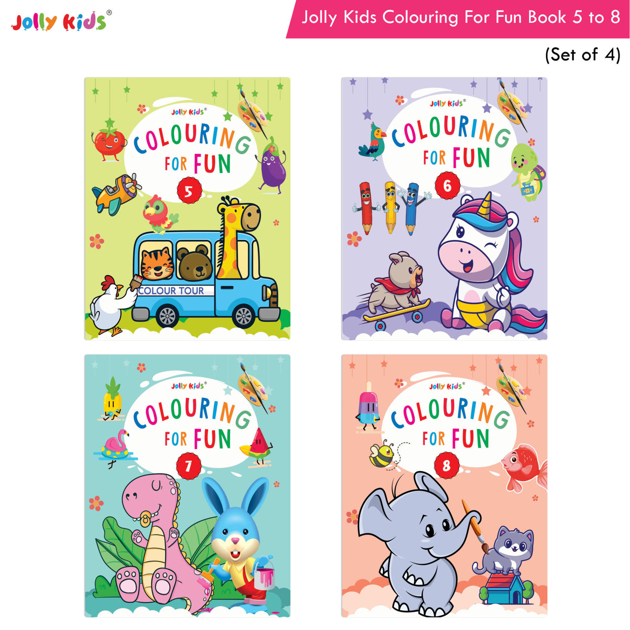 Jolly Kids Colouring for Fun Books B| Set of 4| Each Book 64 Images|Colouring & Painting Books for Kids|Ages 3-8 Year - Distacart