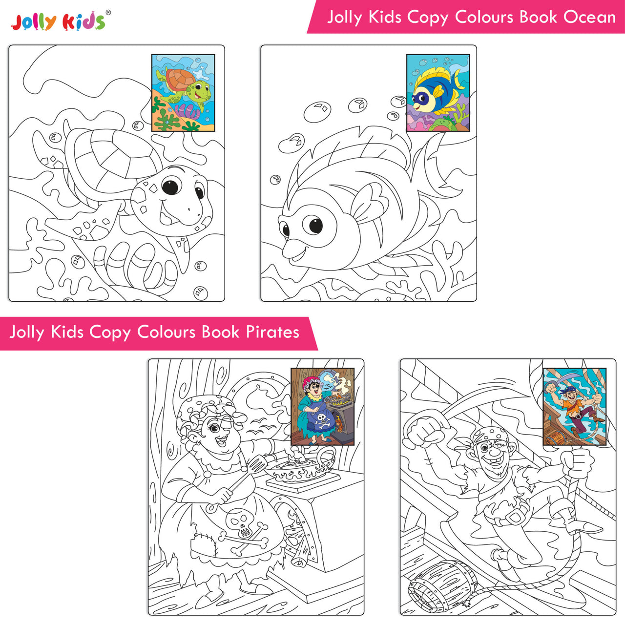 Jolly Kids Big Copy Colour Books Set of 8| Colouring Theme Animals, Flowers, Dinosaurs, Mermaid, Ocean, Pirates, Princess & Unicorn Ages 3-10 Years - Distacart