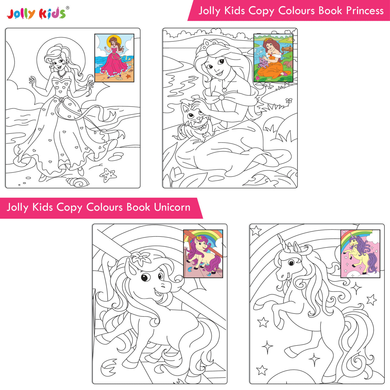 Jolly Kids Big Copy Colour Books Set of 8| Colouring Theme Animals, Flowers, Dinosaurs, Mermaid, Ocean, Pirates, Princess & Unicorn Ages 3-10 Years - Distacart
