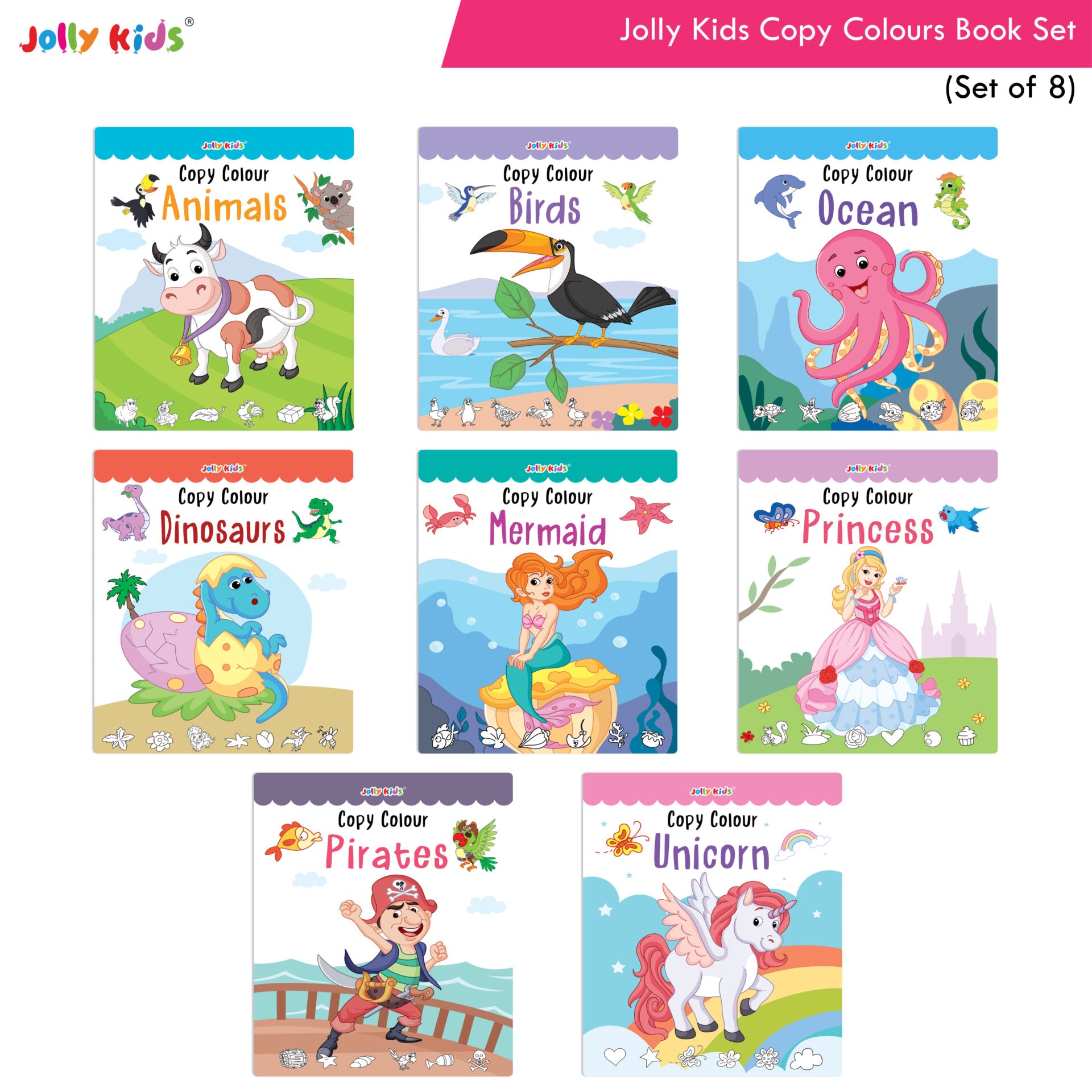 Jolly Kids Copy Colour Books Set of 8| Colouring Books: Animals, Flowers, Dinosaurs, Mermaid, Ocean, Pirates, Princess & Unicorn| Ages 3-10 years - Distacart