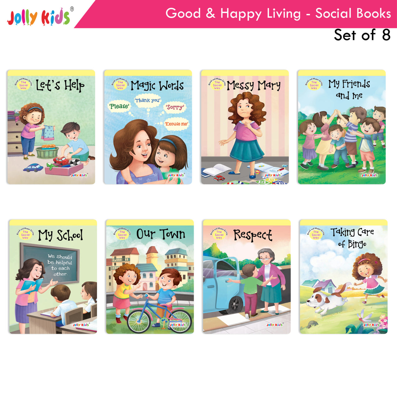 Jolly Kids Good & Happy Living The Social Way Series Books (Set of 8)| Kids Learning Social Reponsibilities in Short Stories Books Ages 3 - 8 Years - Distacart