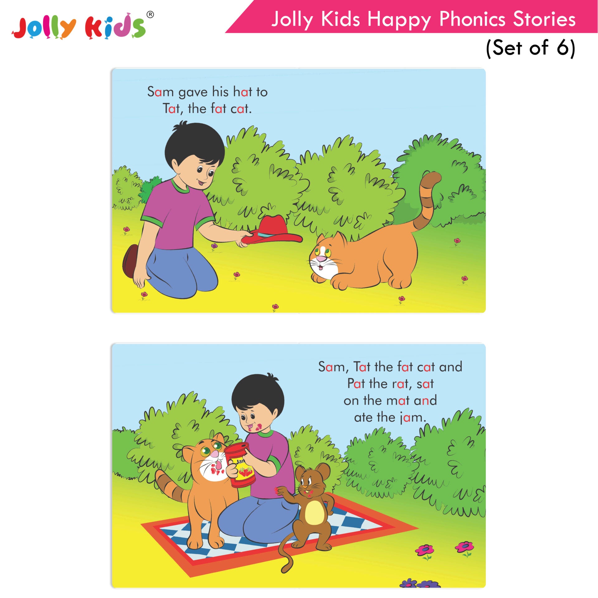 Jolly Kids Large Print Read With Happy Phonics Stories Books Set of 6| Early Year Reading Book| Vowel Sounds Stories Books Ages 3-8 Years - Distacart
