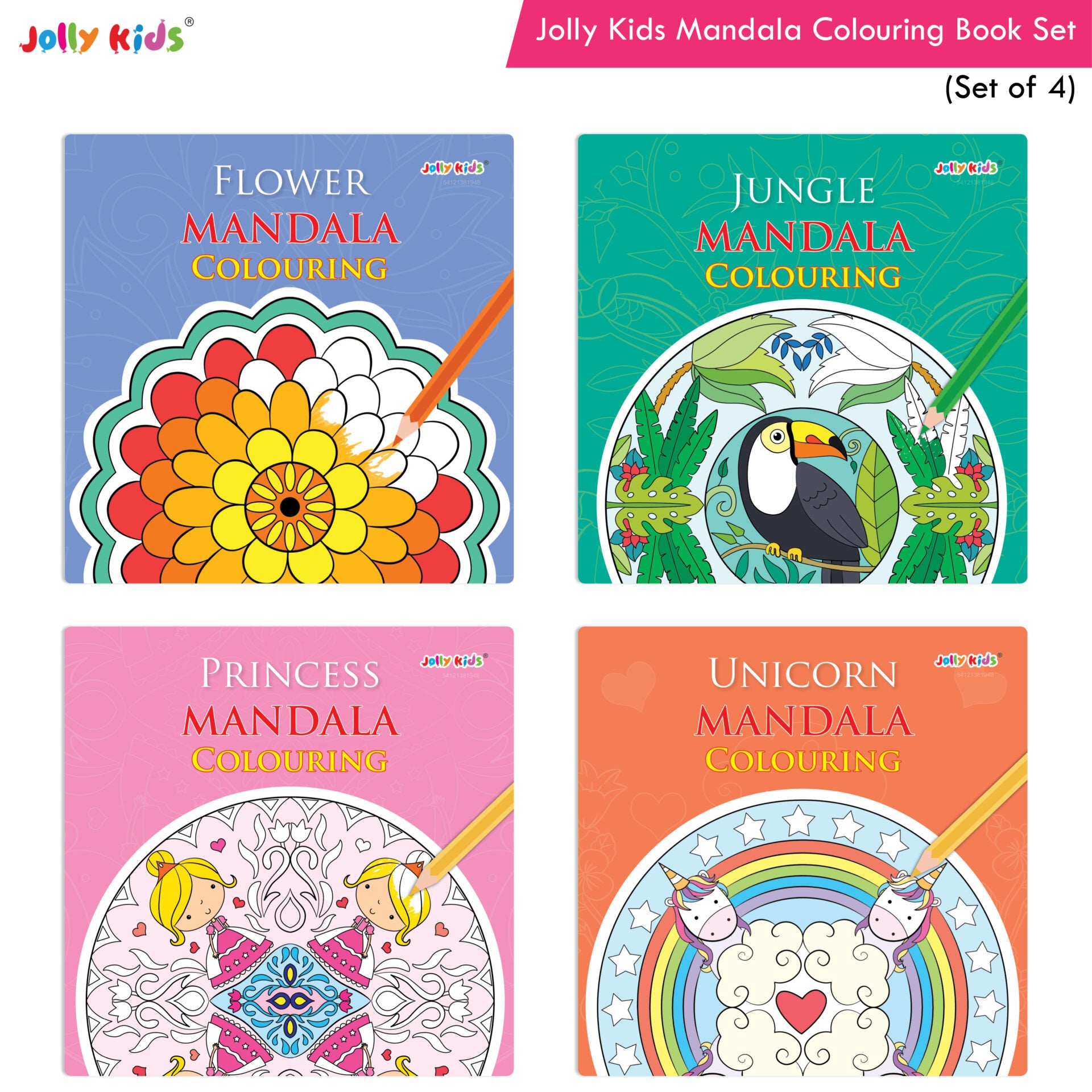 Jolly Kids Mandala Colouring Books Set| Set of 4| Colouring Book: Stress Relieving Designs Flower, Jungle, Princess & Unicorn Colouring Books - Distacart