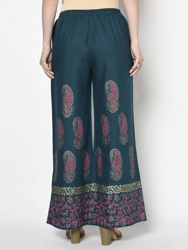 Aniyah Rayon Teal Blue Color Block Print Flared Slip-On Palazzo (AN-222K)