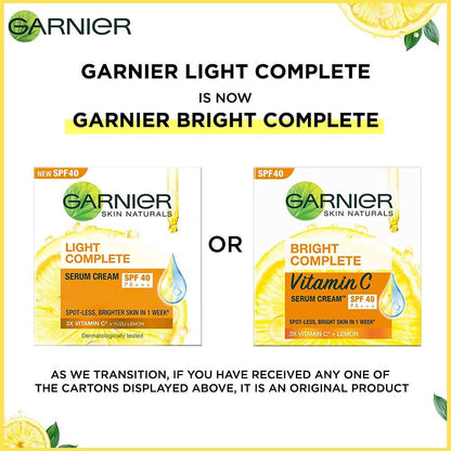Garnier Bright Complete Vitamin C SPF40/PA+++ Serum Cream - Distacart