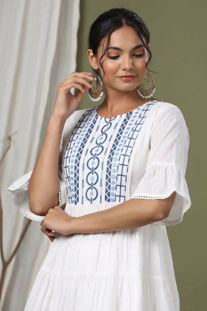 Juniper White Cotton Dobby Festive Embroidered Tiered Dress For Women - Distacart