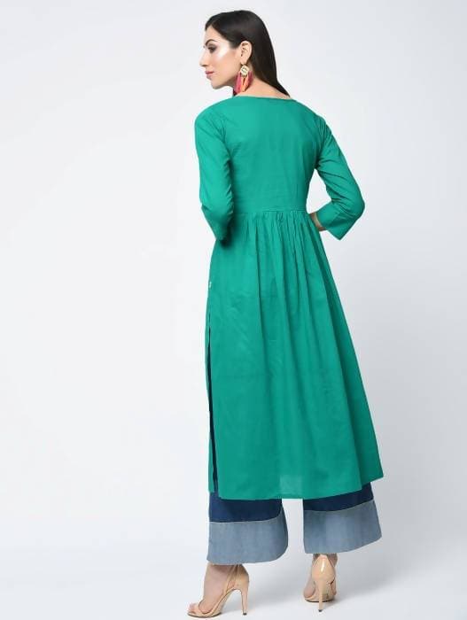 Aniyah Cotton Solid Flared Kurta With Key Hole Neck In Turquoise (AN-104K)
