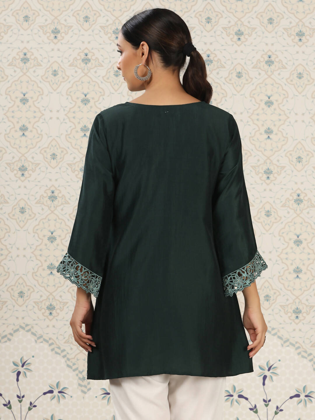 Dark Green Chinon Embroidered Straight Top - Zeny - Distacart