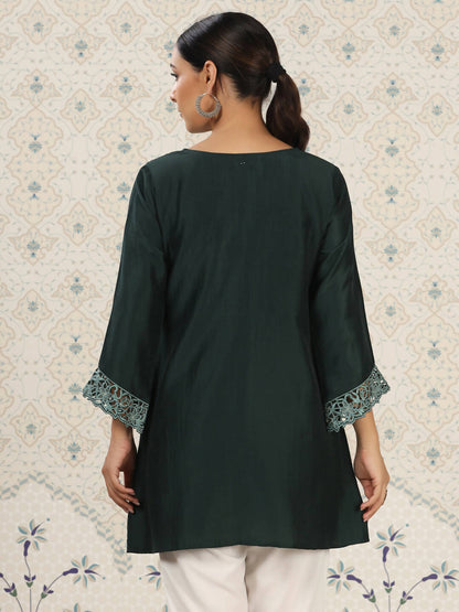 Dark Green Chinon Embroidered Straight Top - Zeny - Distacart