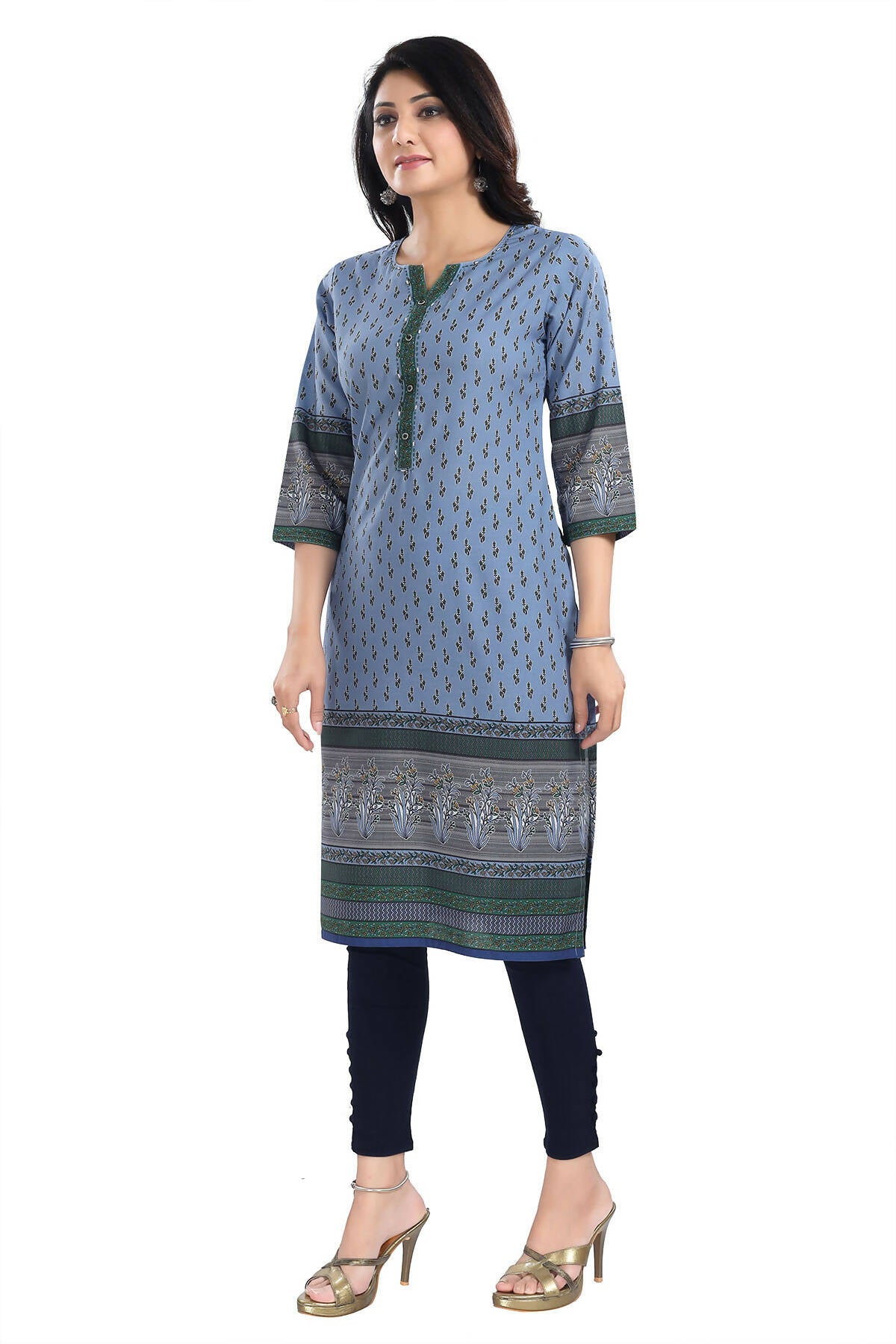 Snehal Creations Aesthetic Blue Digital Print Cotton Slub Long Kurti Tunic - Distacart