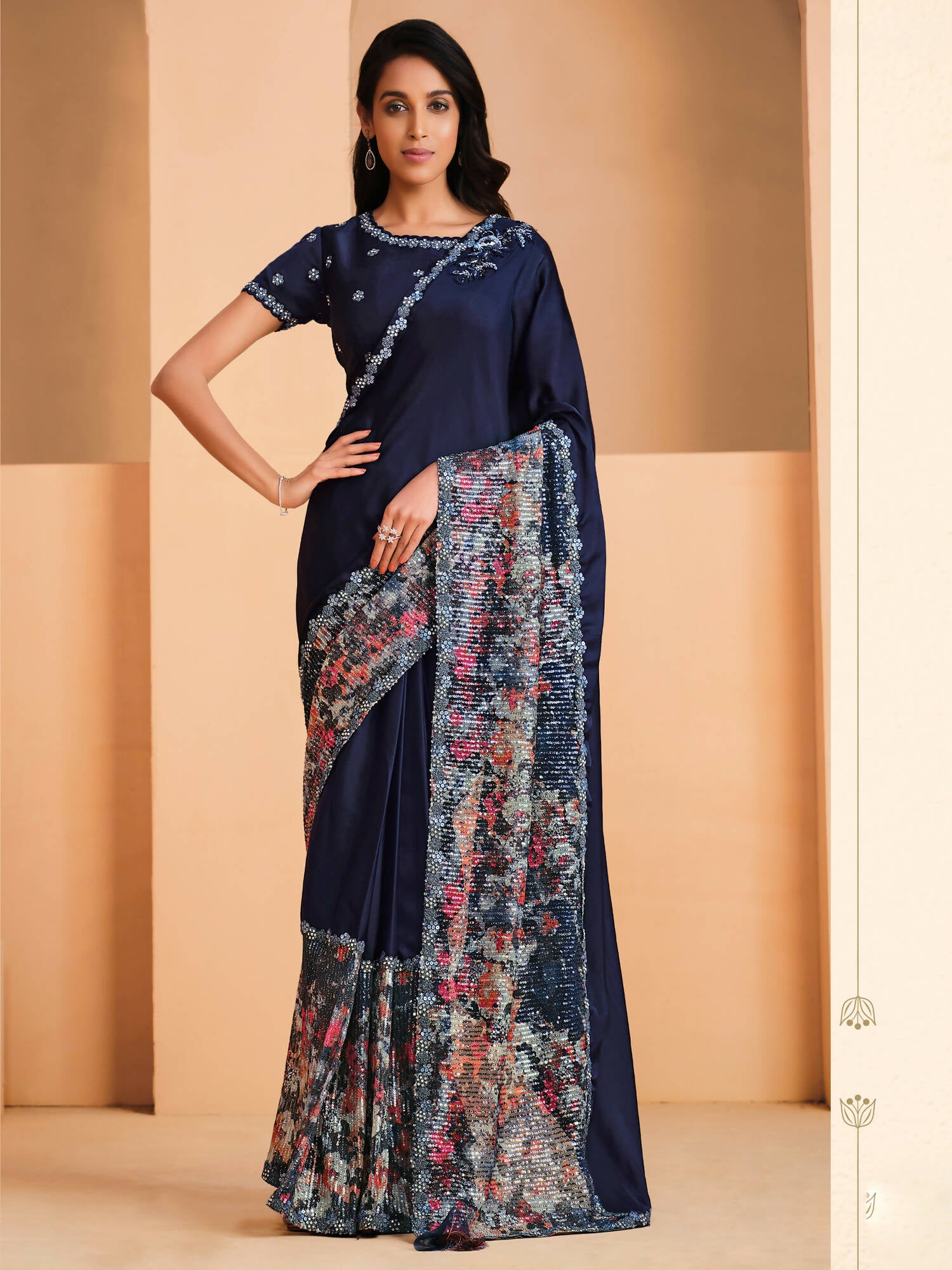 Blue Satin Crepe Silk Sequence Embroidered Saree With Unstitched Blouse - Mohmanthan Yavanika - Distacart