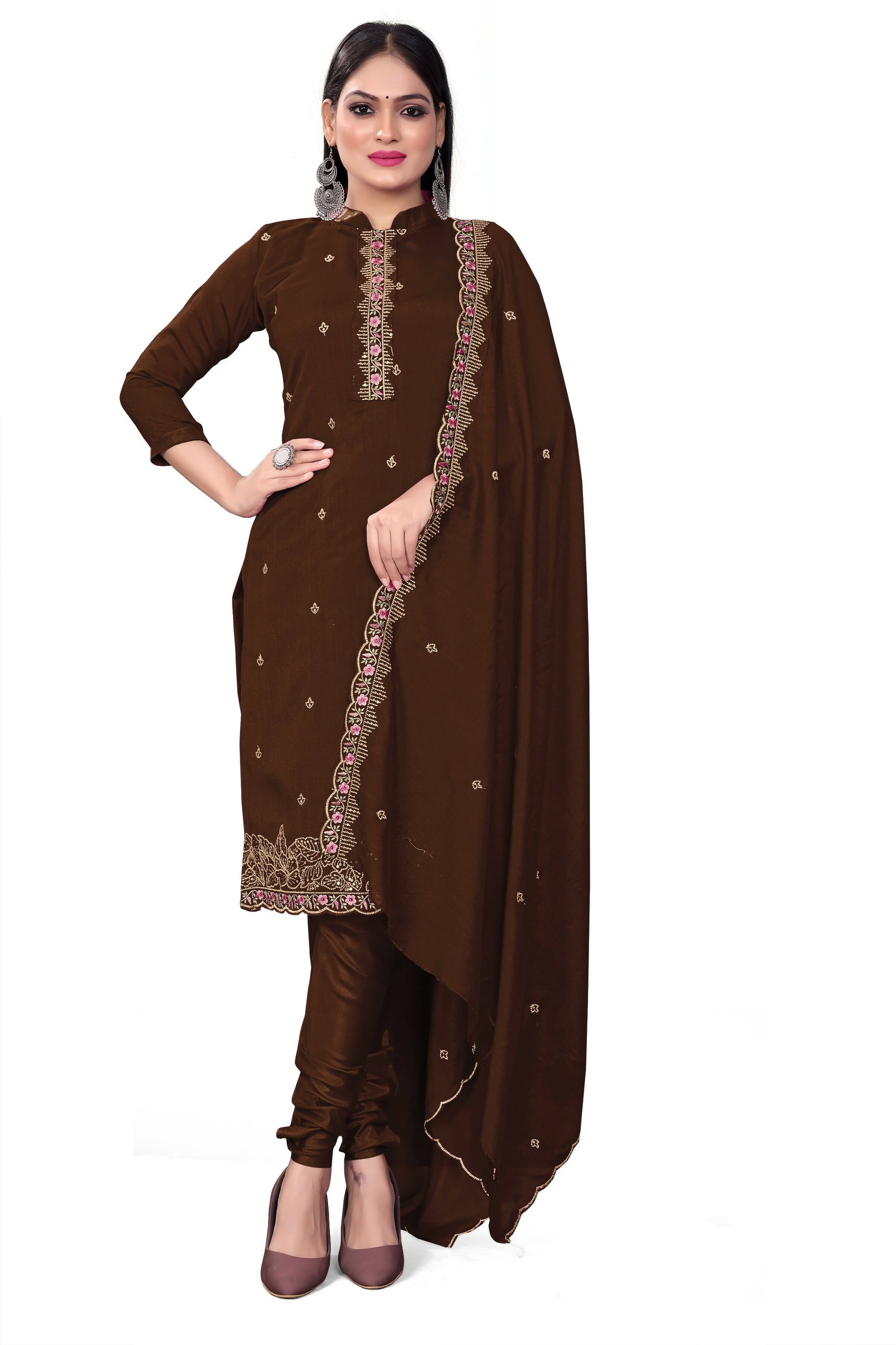 Brown Silk Embroidered with Sequins work Unstitched Dress Material - Tanvi - Distacart