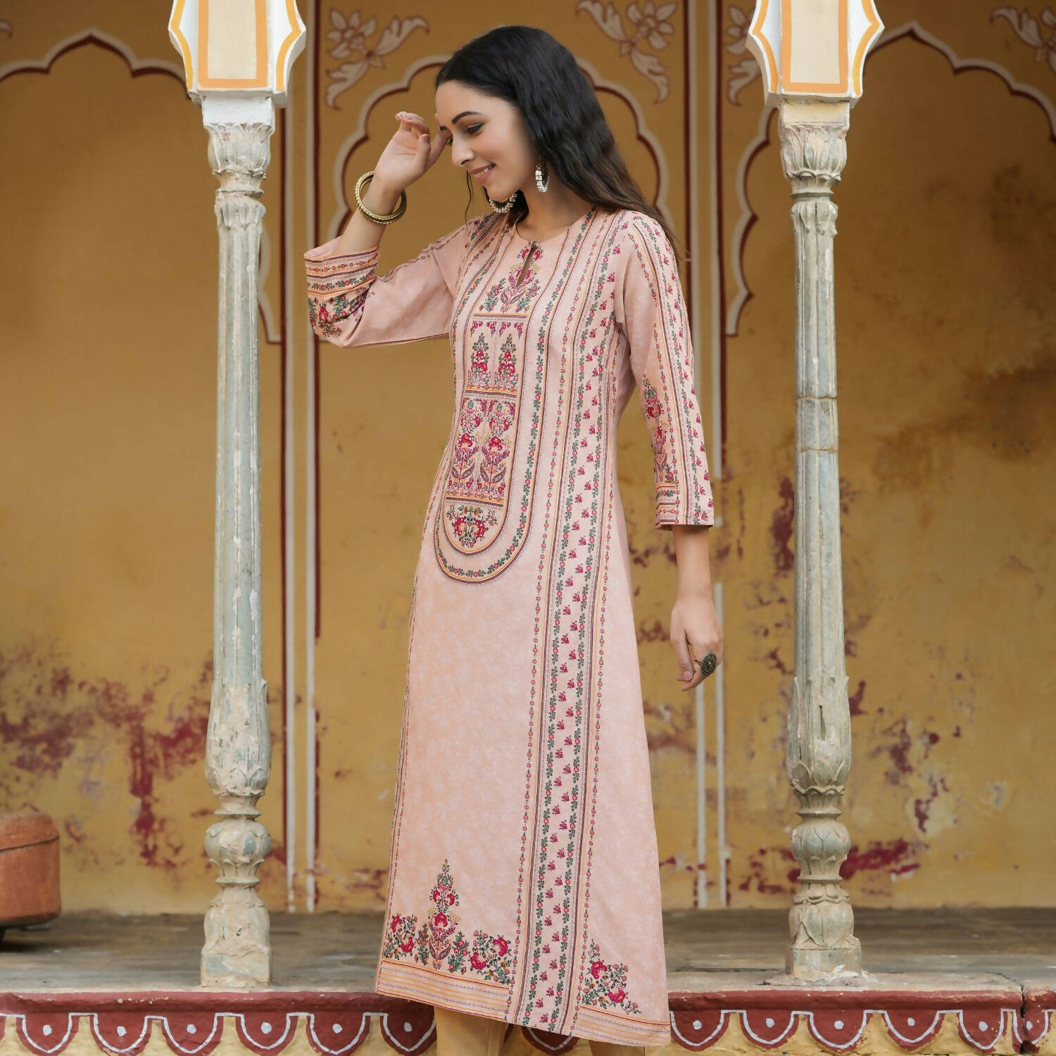 Juniper Women's Peach Rayon Staple Printed A-Line Kurta - Distacart