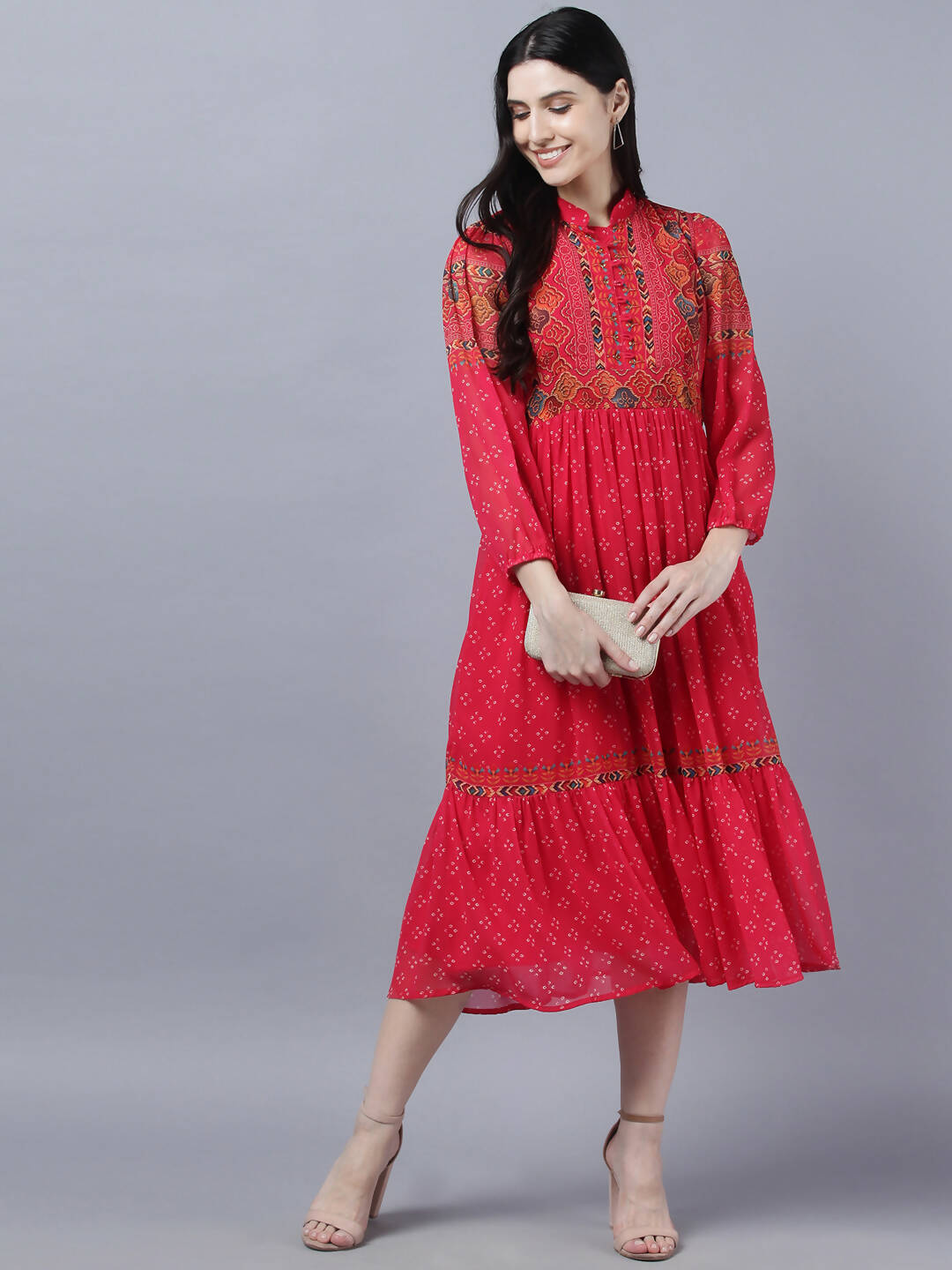 Myshka Stylish Red 3/4 Sleeve Women's Dress - Distacart
