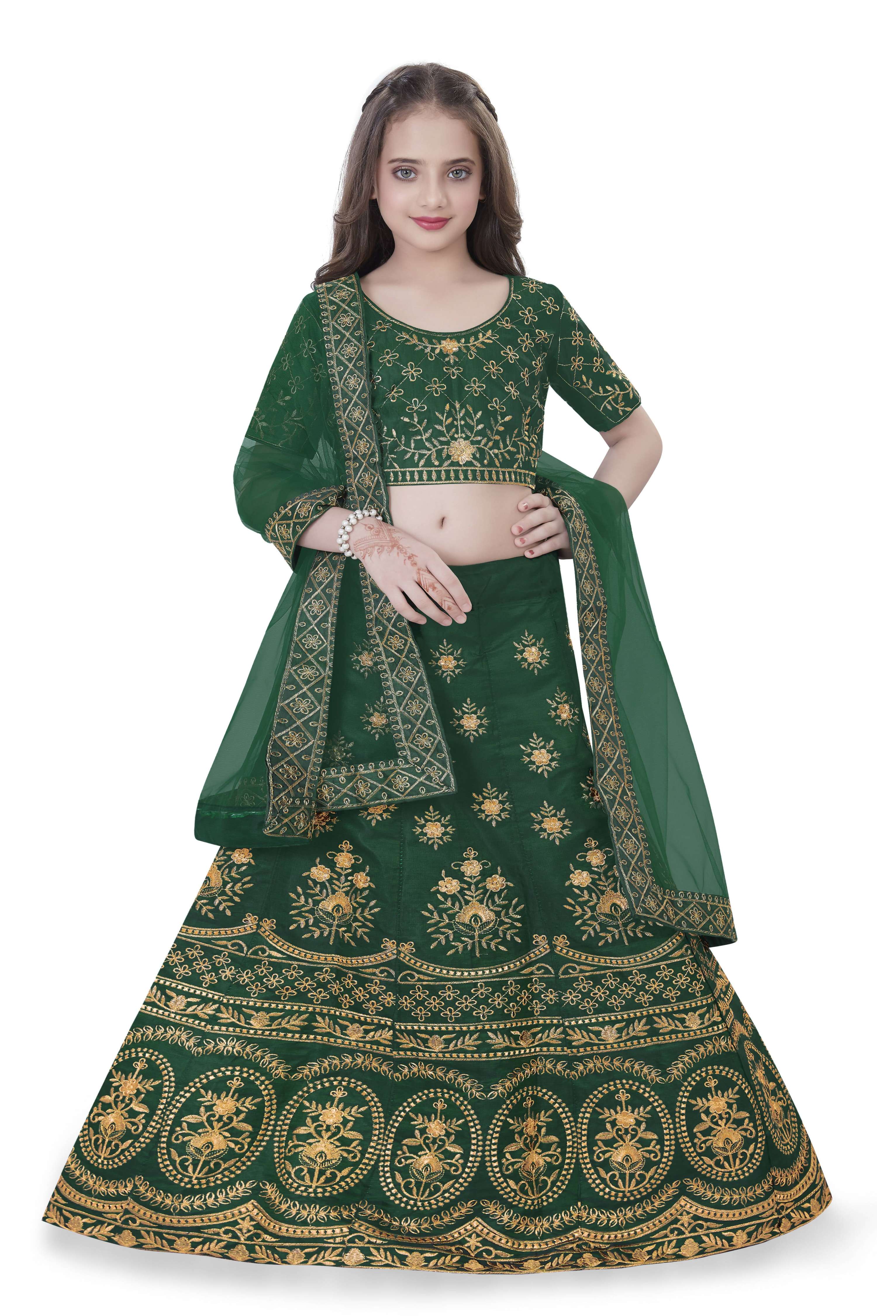 Dwiden Green Lehriyu Tafetta Sattin Semi-Stitched Girl's Lehenga Choli - Distacart