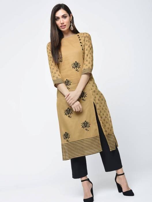 Aniyah Cotton Block Printed Beige Color Front Slit Kurta (AN-117K)