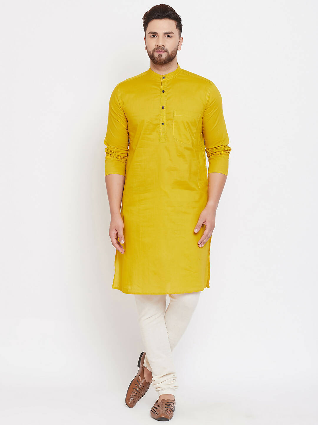 Even Apparels Pure Cotton Yellow Men's Kurta With Band Collar - Distacart
