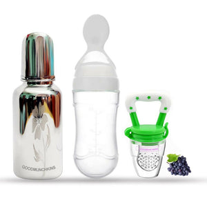 Goodmunchkins Stainless Steel Feeding Bottle, Food Feeder & Fruit Feeder Combo for Baby-(White-Green, 220ml) - Distacart