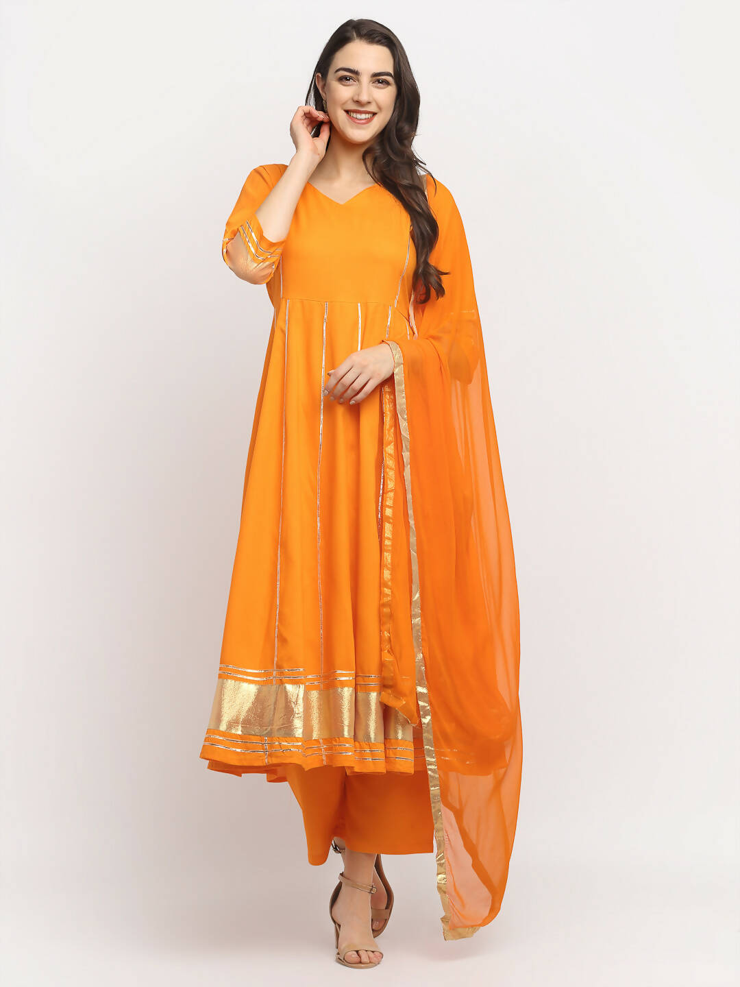 Rudra Bazaar Orange Anarkali Lace Work Kurta with Pyjamas & Dupatta - Distacart