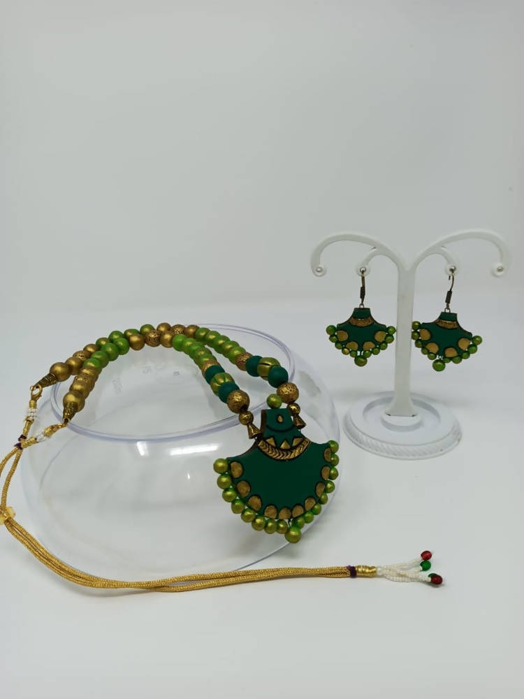 Terracotta Green Long Necklace Set with Matching Earrings