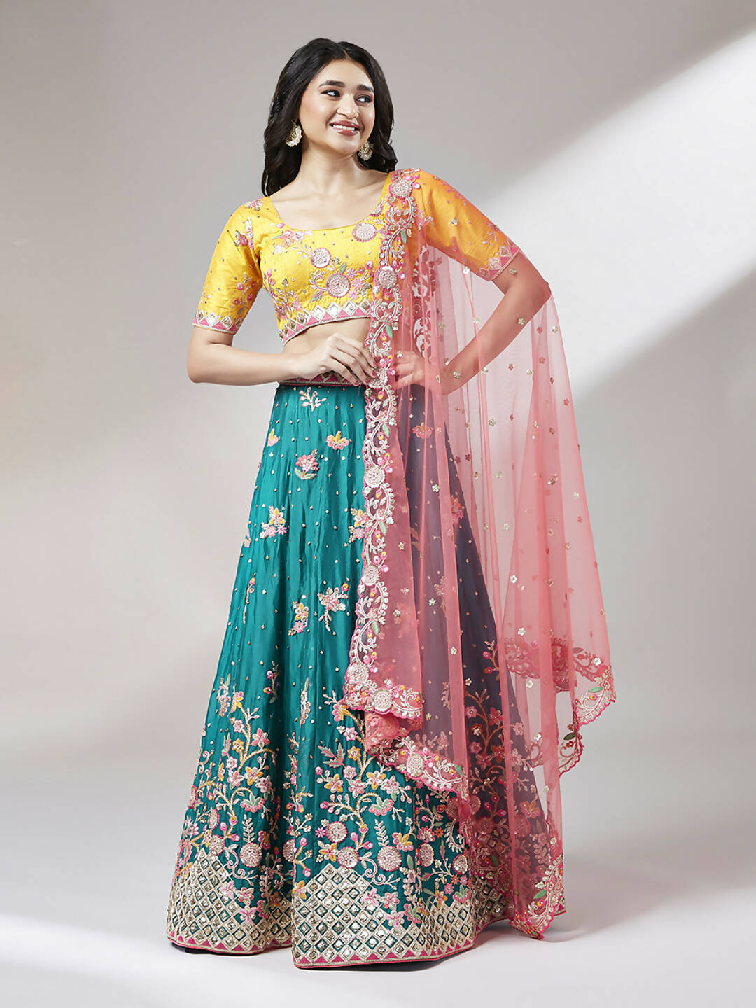 House of Panchhi Teal Pure Georgette Sequinse Work Lehenga & Blouse with Dupatta - Distacart