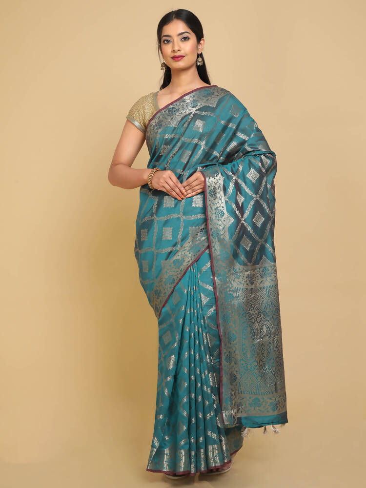 Kalamandir Checked Dark Blue Silk Blend Saree