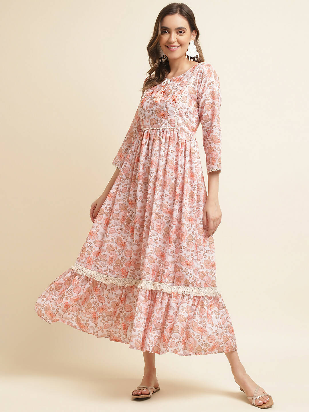 Orange Linen Floral Printed Fit & Flare Dress - Yukti - Distacart
