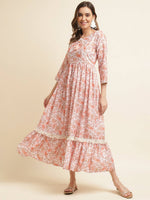 Thumbnail for Orange Linen Floral Printed Fit & Flare Dress - Yukti - Distacart