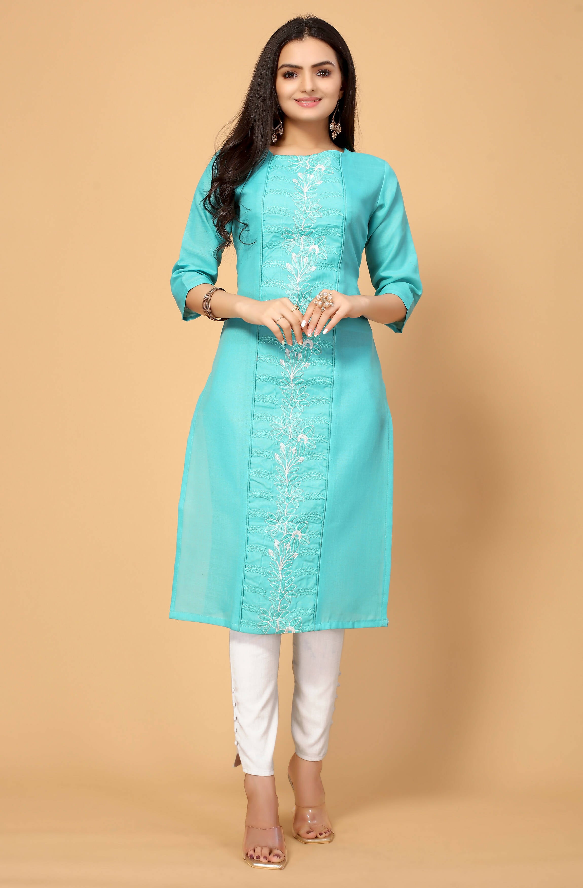 Light Green Cottan Slub Embroidery Kurti - Umi - Distacart