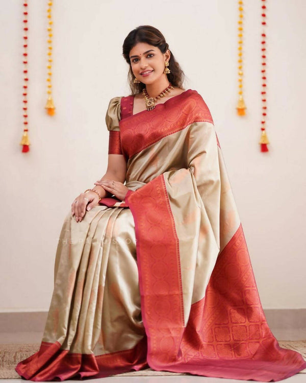 DEIANA'S Beautiful Golden Jari with New Design Soft Lichi Silk Saree - Cream - Distacart