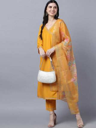 Myshka Stylish Mustard 3/4 Sleeve Women's Kurta Pant with Dupatta Set - Distacart