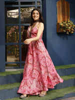 Thumbnail for Pink Rayon Foil Printed Long Dress - Michan - Distacart