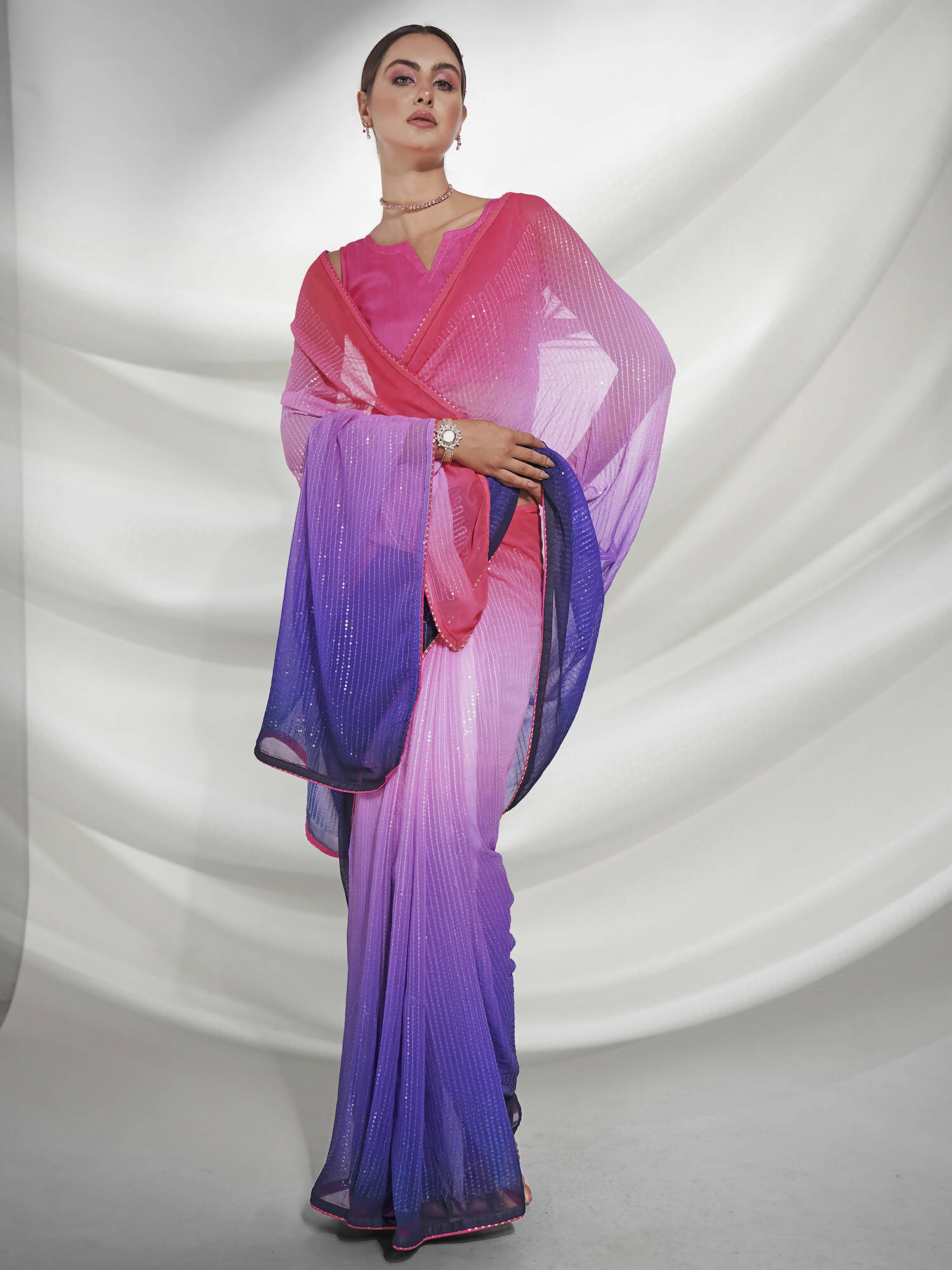 Pink Georgette Sequence Embroidery Saree With Unstitched Blouse Piece - Rajal - Distacart