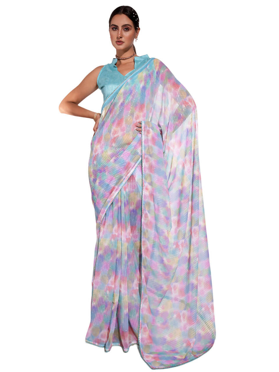 Blue Georgette Sequence Embroidery Saree With Unstitched Blouse Piece - Rajal - Distacart