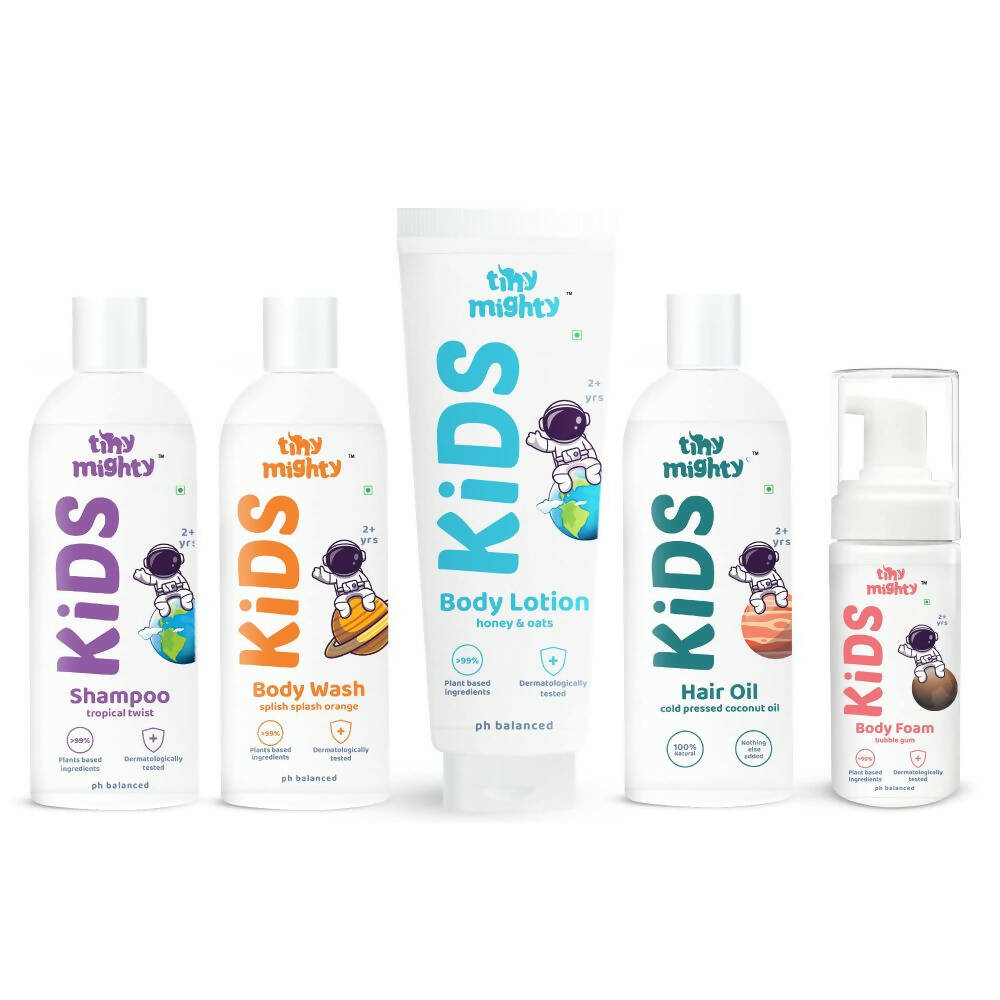 Tiny Mighty Kids Body Wash, Body Foam Wash, Body Lotion, Shampoo & Hair Oil Combo - Distacart