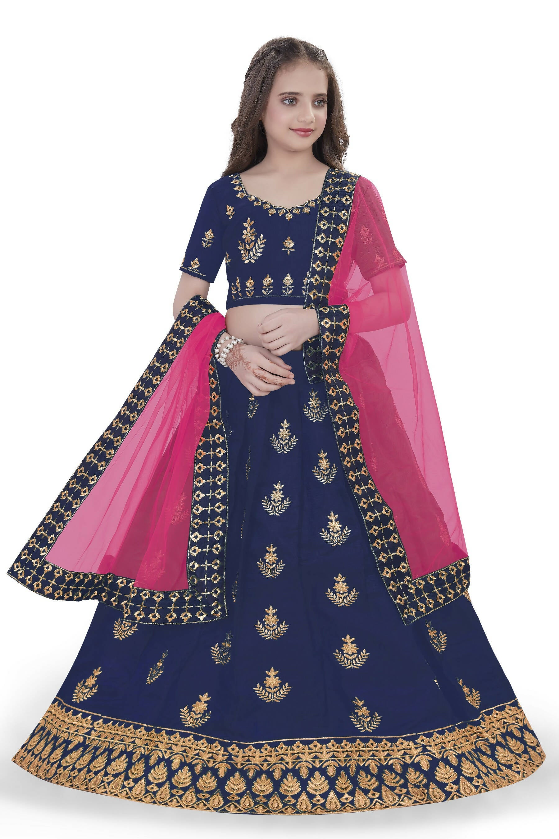 Dwiden Navy Blue Kamal Tafetta Sattin Semi-Stitched Girl's Lehenga Cholin Kamal Tafetta Sattin Semi-Stitched Girl's Lehenga Choli - Distacart