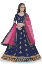 Thumbnail for Dwiden Navy Blue Kamal Tafetta Sattin Semi-Stitched Girl's Lehenga Cholin Kamal Tafetta Sattin Semi-Stitched Girl's Lehenga Choli - Distacart