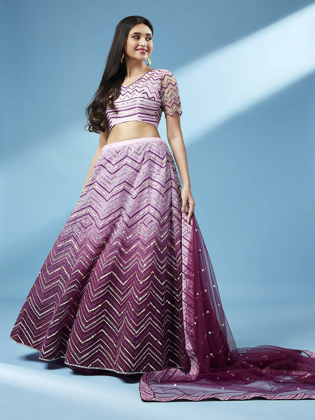 House of Panchhi Women Lavender Net Zig-Zag Embroideried Lehenga, Blouse & Dupatta - Distacart