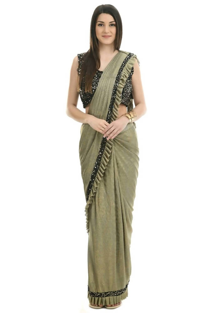 Mominos Fashion All Season Wear Olive Green And Black Ruffled With Blouse Ready To Wear Saree