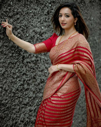 Thumbnail for DEIANA'S Beautiful Golden Jari with New Design Soft Lichi Silk Saree - Red - Distacart