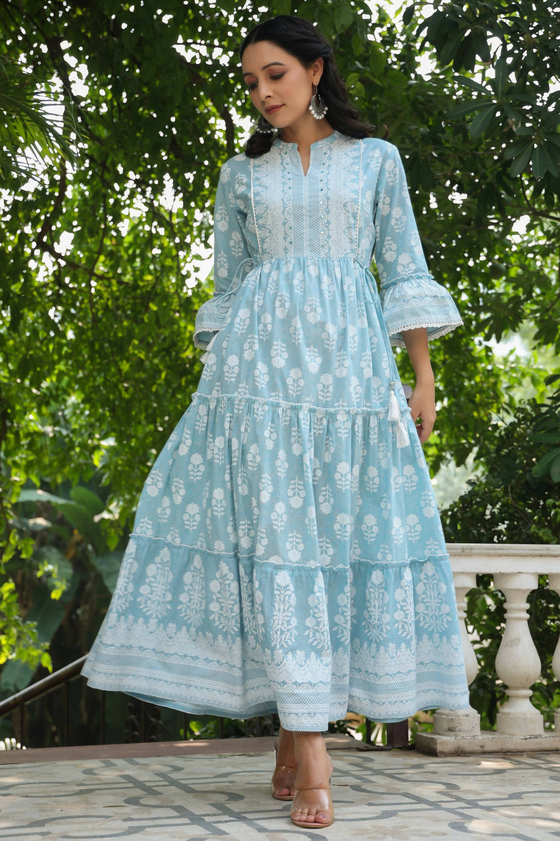 Juniper Women's Skyblue Cambric Floral Printed Maxi Tiered Dress - Distacart