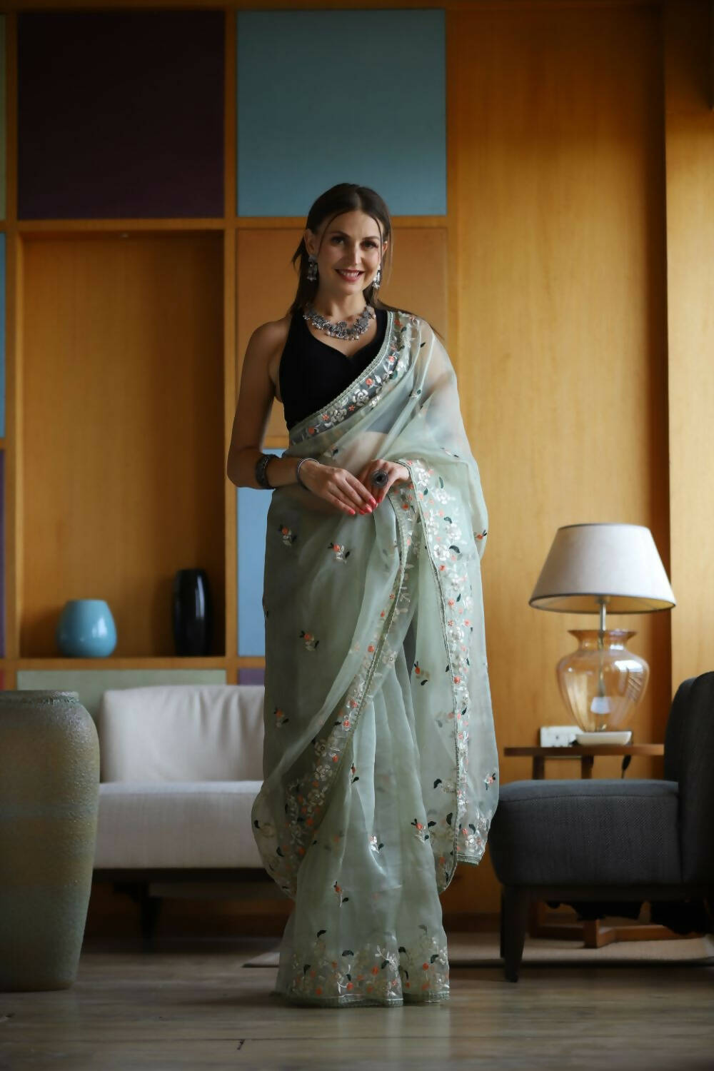 Vamsee Green Organza Saree - Distacart