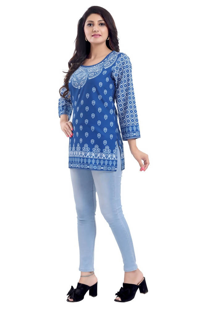 Snehal Creations Royal Blue Faux Crepe Short Kurti Tunic Top