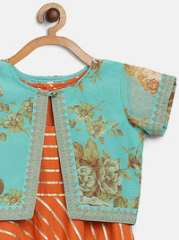 Thumbnail for Ahalyaa Orange Crepe Gold Stripped Printed Kids Dress With Jacket For Girls - Distacart