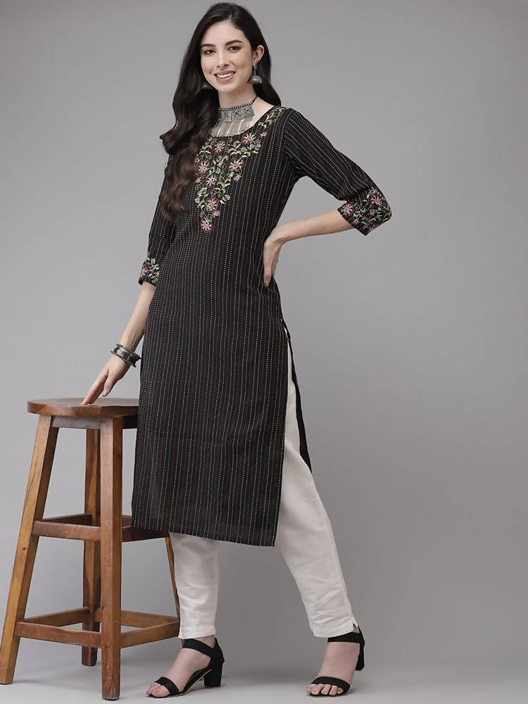 Yufta Women Black Yoke Design Kantha Work Floral Kurta